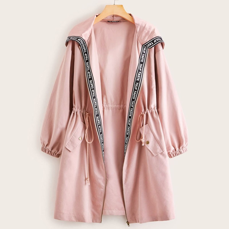 

Letter Tape Drawstring Waist Zip Up Hooded Coat, Pink pastel