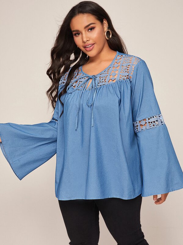 

Plus Contrast Lace Tie Front Denim Top, Blue, Emilie