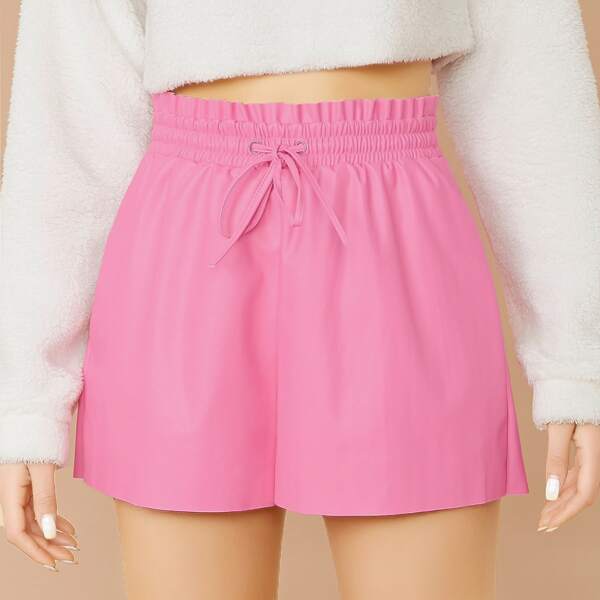 

Paperbag Elastic Waist Faux Leather Shorts, Pink