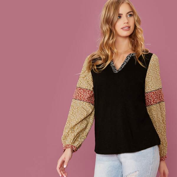 

Contrast Floral Print Long Sleeve Top, Multicolor