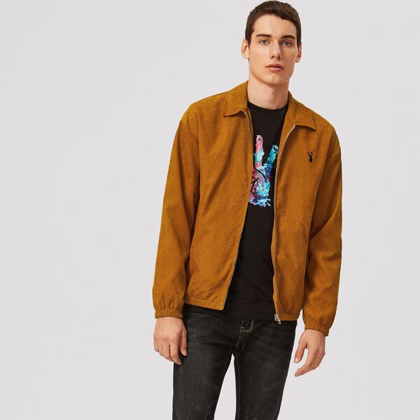 

Men Zip Up Animal Embroidered Cord Jacket, Camel