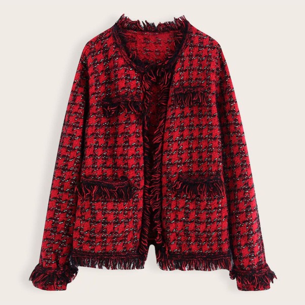 

Frayed Trim Plaid Tweed Jacket, Red