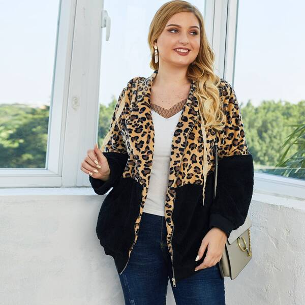 

Plus Two Tone Leopard Print Zip Up Teddy Jacket, Multicolor