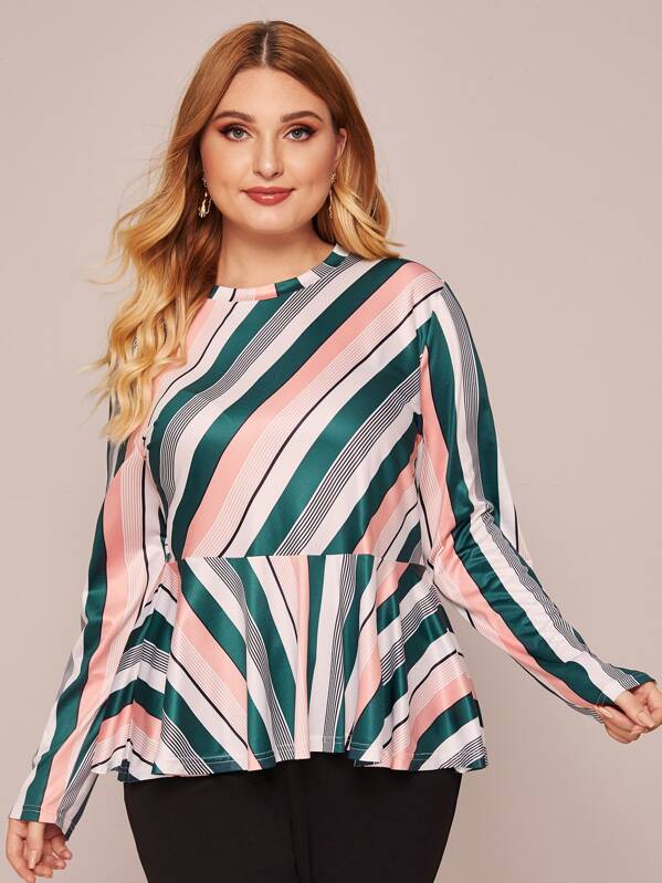 

Plus Multi-stripe Peplum Tee, Multicolor, Nora
