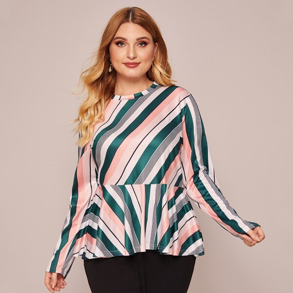 

Plus Multi-stripe Peplum Tee, Multicolor