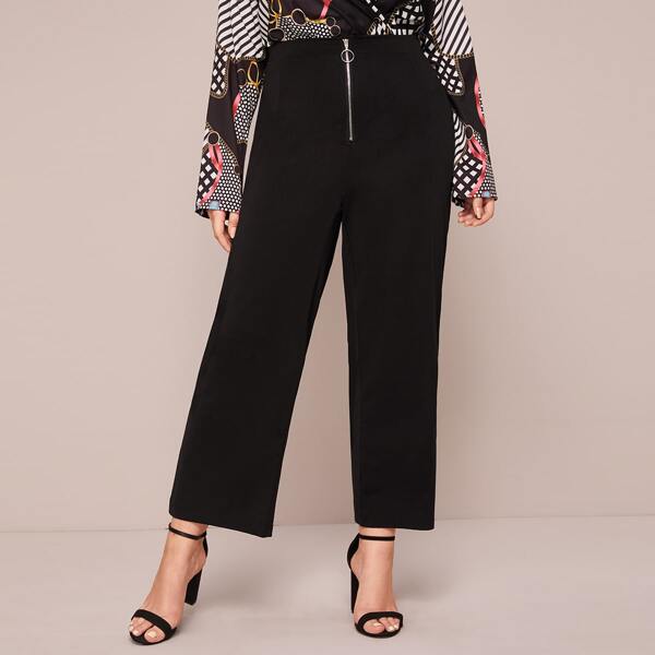

Plus O-ring Zipper Slit Hem Pants, Black