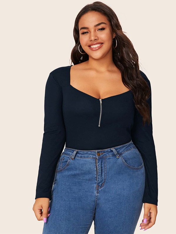 

Plus Half Zip Fitted Tee, Navy, Emilie