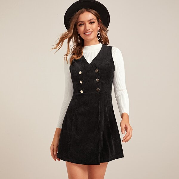 

Double Button Cord Pinafore Dress, Black