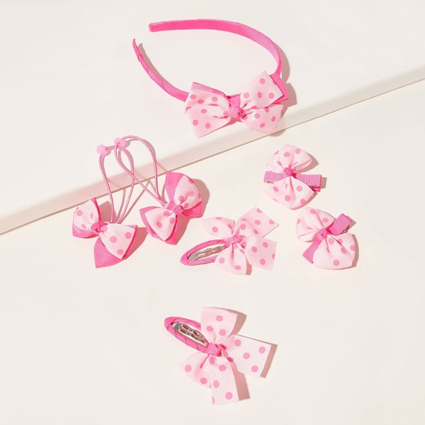 

7pcs Girls Polka Dot Bow Knot Decor Hair Acc Set, Pink