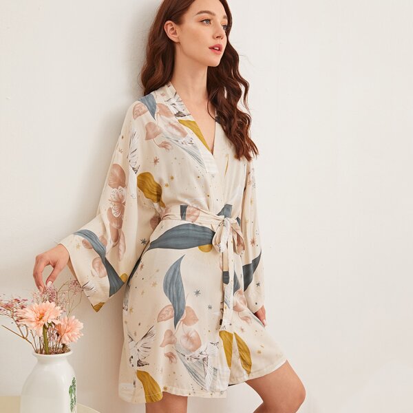 

Leaf Print Self Belted Robe, Multicolor