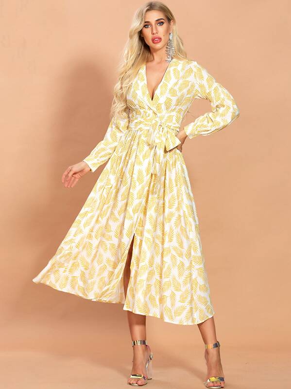 

Missord Plunging Neck Belted Plants Print A-line Dress, Yellow, SUSU