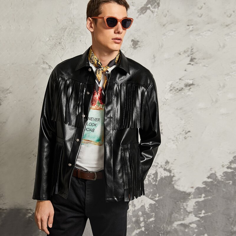 

Guys Single Breasted Fringe Trim PU Leather Jacket, Black