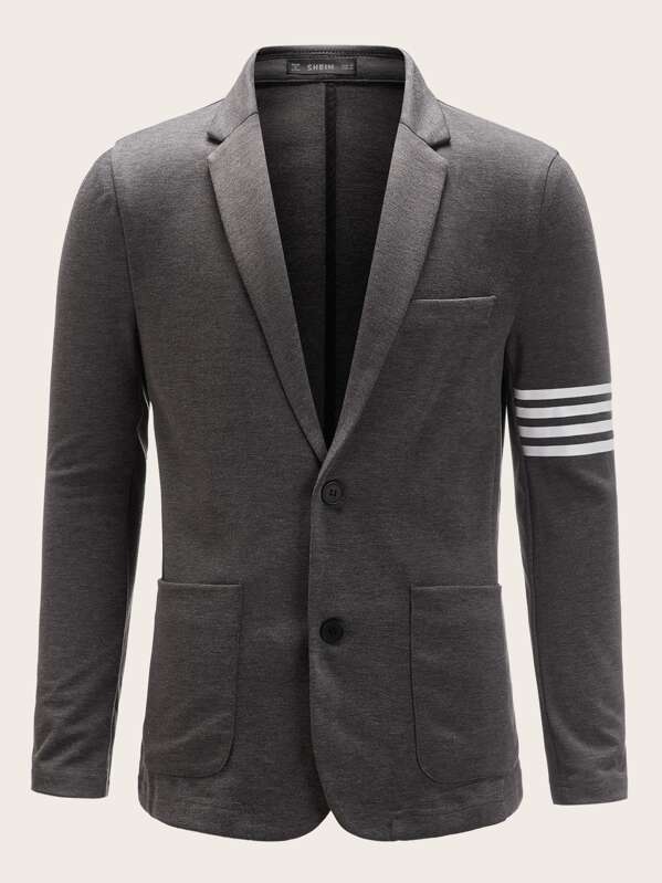 

Men Single Breasted Double Pocket Striped Blazer, Grey