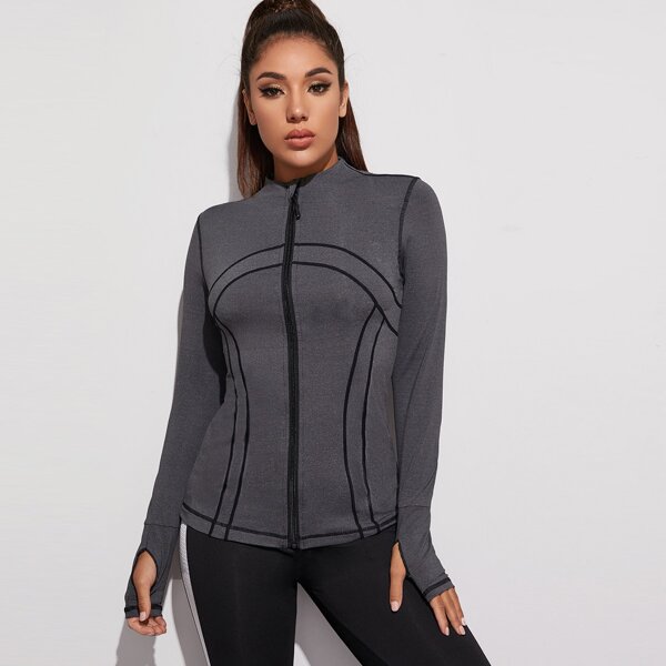 

Contrast Topstitching Thumb Holes Zipper Sports Jacket, Grey