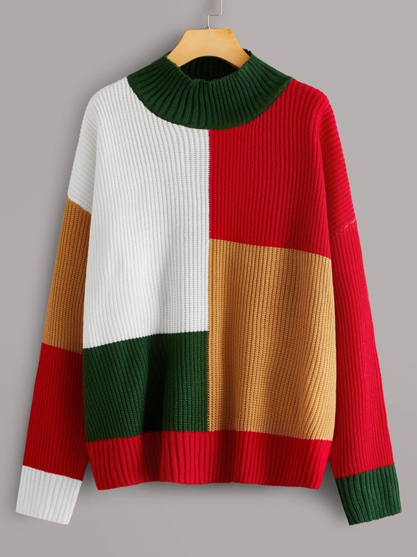 

Plus Drop Shoulder Ribbed Knit Colorblock Sweater, Multicolor