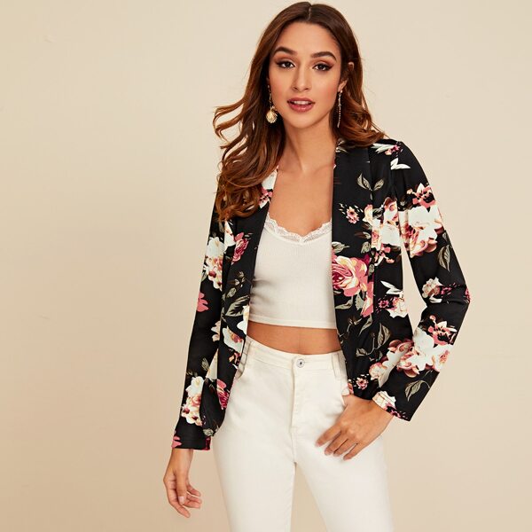 

Floral Print Shawl Collar Blazer, Black