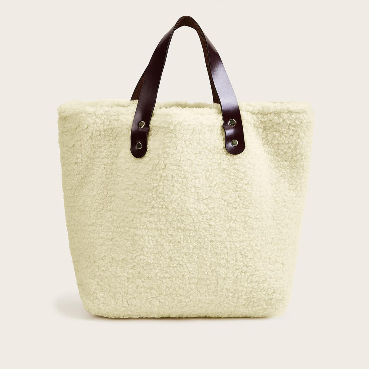 

Contrast Handle Fuzzy Tote Bag, Beige