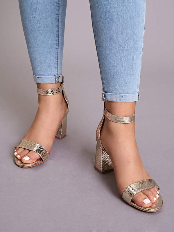 

Snakeskin Ankle Strap Chunky Heels, Gold