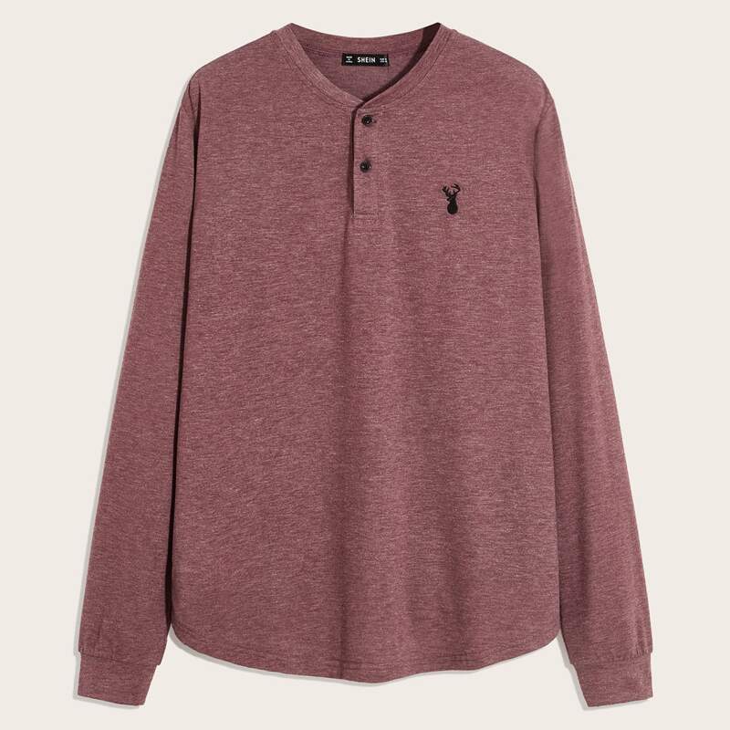 

Guys Embroidered Detail Button Half Placket Tee, Burgundy
