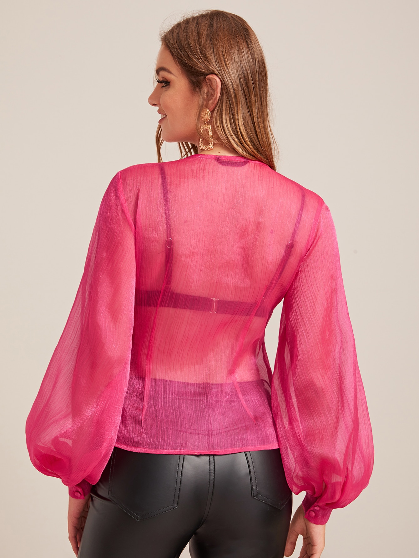 SHEIN Neon Pink Organza Sheer Blouse 