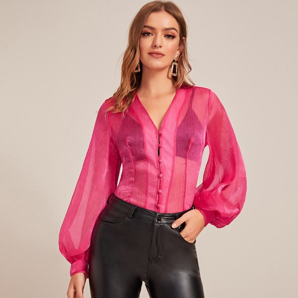 

Neon Pink Organza Sheer Blouse Without Bra, Pink bright