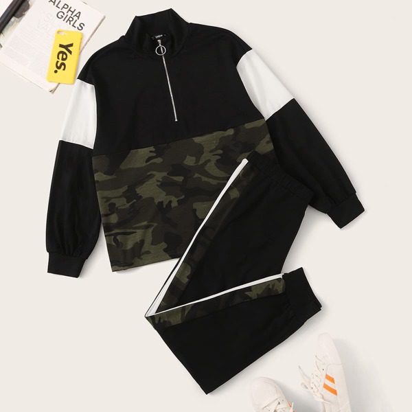 

Plus Zip Half Placket Colorblock Sweatshirt & Striped Side Sweatpants Set, Multicolor