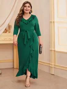 SHEIN Unity Vestido asimétrico con cinturón ribete fruncido - grande - Verde - Ver 1