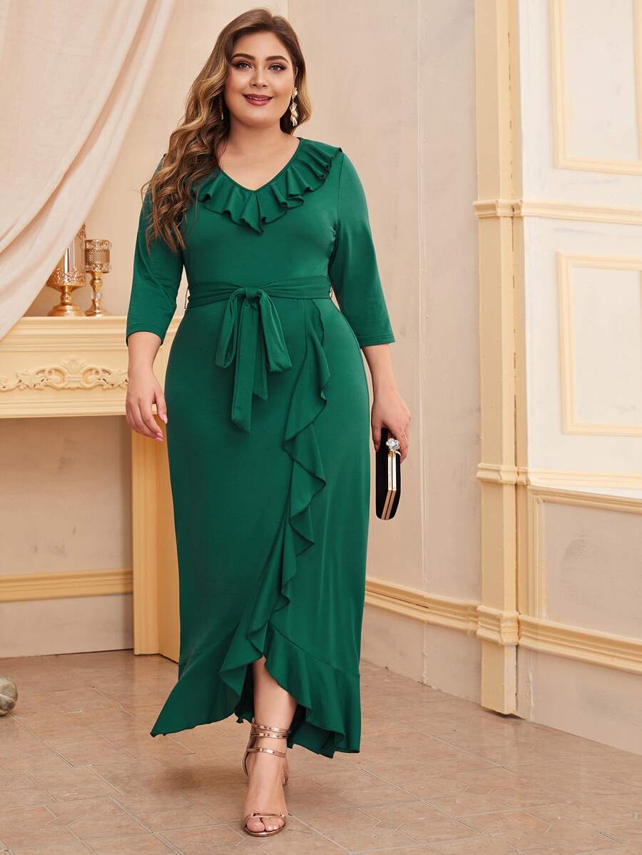 SHEIN Unity Vestido asimétrico con cinturón ribete fruncido - grande - Verde - Ver 1