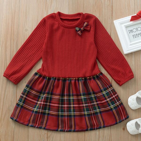

Toddler Girls Bow Front Tartan Print Ribbed Dress, Red