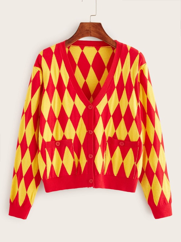

Argyle Print Button Through Cardigan, Multicolor, Gabe
