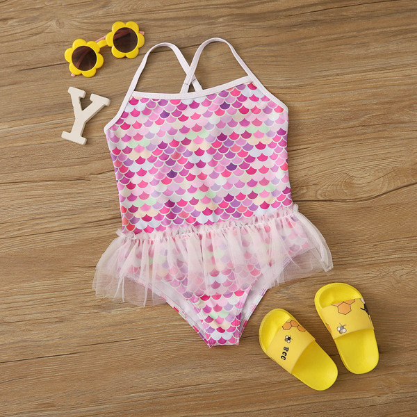 

Girls Fish Scales Contrast Mesh One Piece Swimwear, Multicolor
