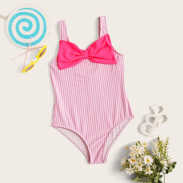 

Girls Striped Bow One Piece Swimwear, Pink