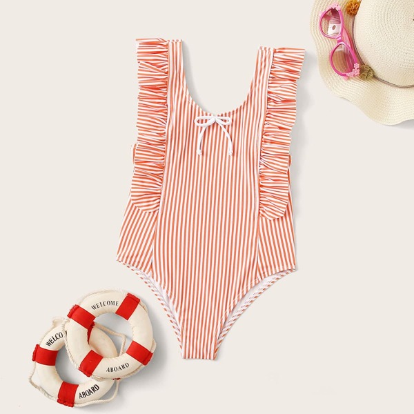 

Girls Striped Ruffle Trim One Piece Swimwear, Pink