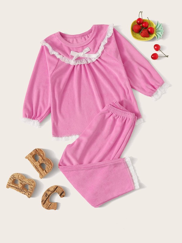 

Toddler Girls Lace Trim Velvet PJ Set, Pink