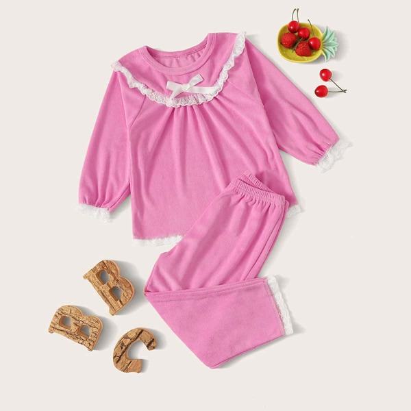 

Toddler Girls Lace Trim Velvet PJ Set, Pink