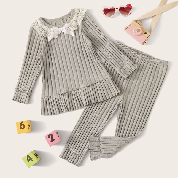 

Toddler Girls Lace Trim Velvet PJ Set, Grey