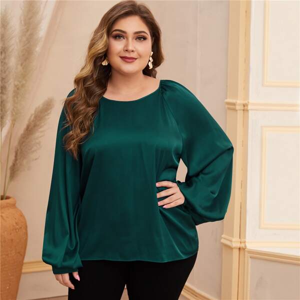 

Plus Lantern Sleeve Silky Blouse, Green