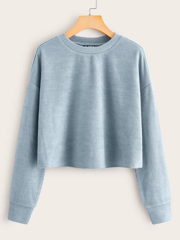 

Drop Shoulder Solid Rib-knit Crop Top, Blue
