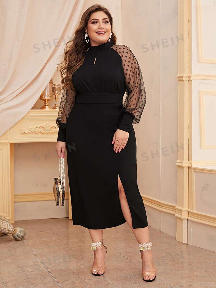 Modelyn Vestido bajo con abertura de manga con malla - grande - Negro - Ver 1