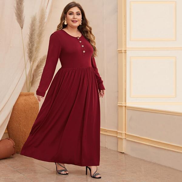 

Plus Buttoned Half Placket Solid Dress, Burgundy