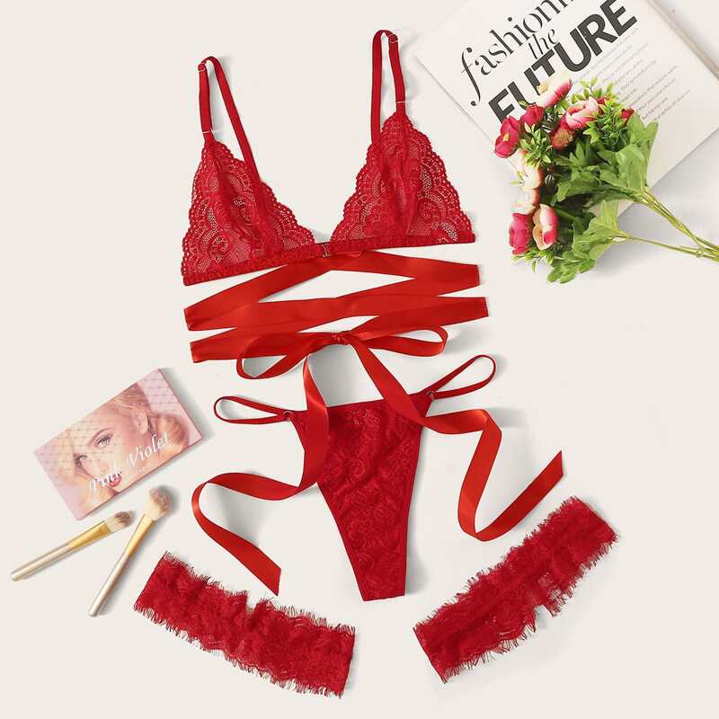 

Floral Lace Lingerie Set With Leg Ring, Red