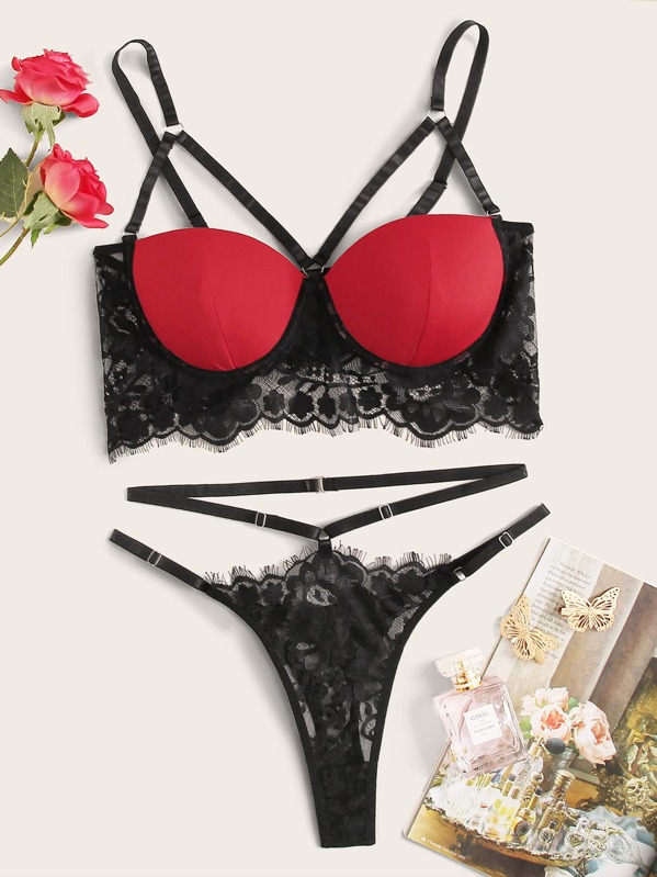 

Floral Lace Harness Underwire Lingerie Set, Multicolor