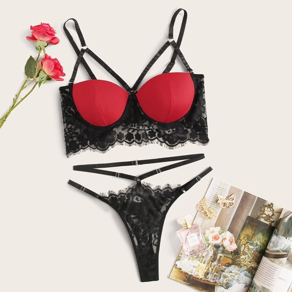 

Floral Lace Harness Underwire Lingerie Set, Multicolor