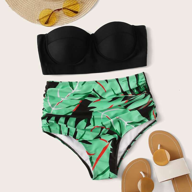 

Underwire Bandeau With Tropical High Waist Bikini, Multicolor