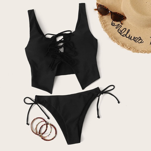 

Tie Front Top With Tie Side Bikini Set, Black