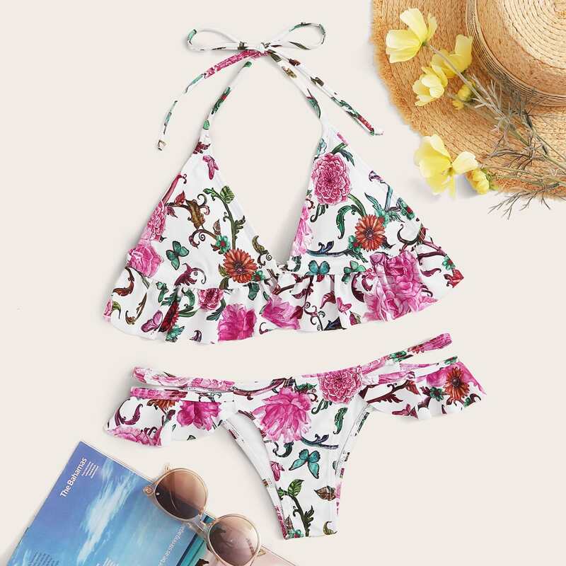

Floral Ruffle Top With Cutout Bikini Set, Multicolor