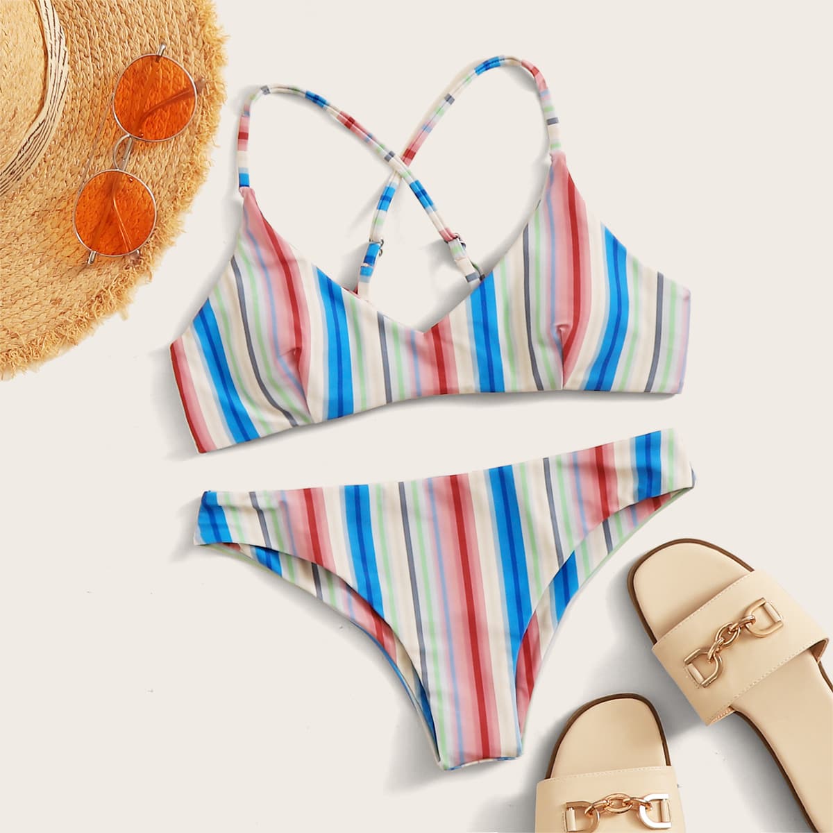 

Criss Cross Back Colorful Striped Bikini Set, Multicolor