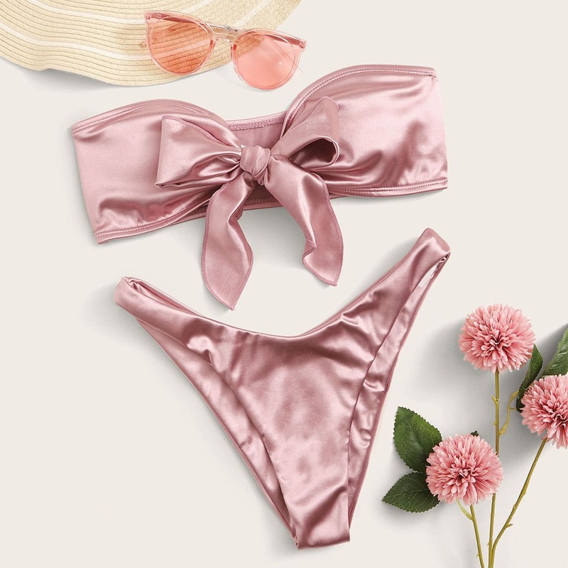 

Satin Knot Front Top With High Cut Bikini Set, Pink