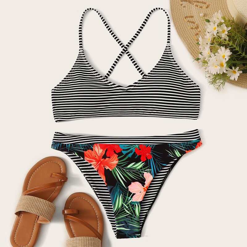 

Criss Cross Striped Top With Floral Print Bikini Set, Multicolor