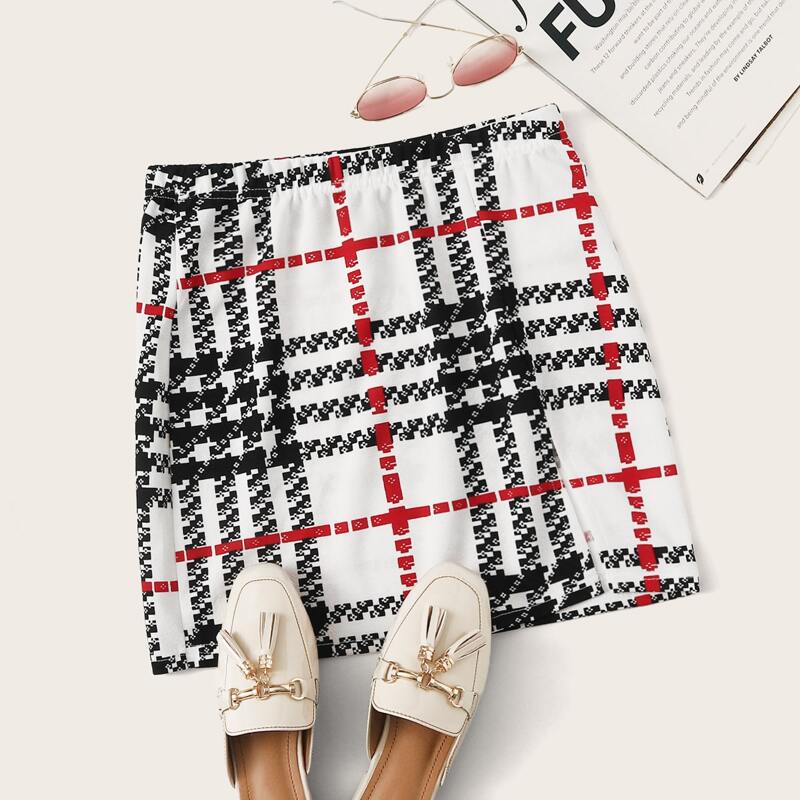 

Elastic Waist Plaid Skirt, Black and white